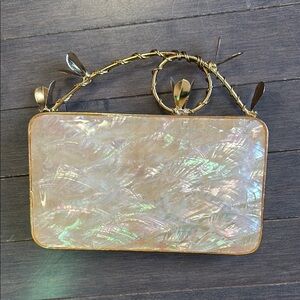 Mother of Pearl Gold Coloured Brass Clutch With Floral and Vine Detailing